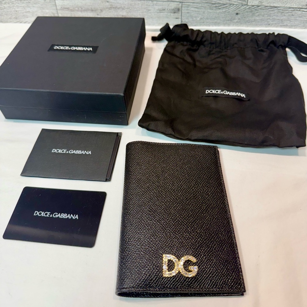 Authentic Dolce & Gabbana Black Passport Holder and Cards with DG in Gold